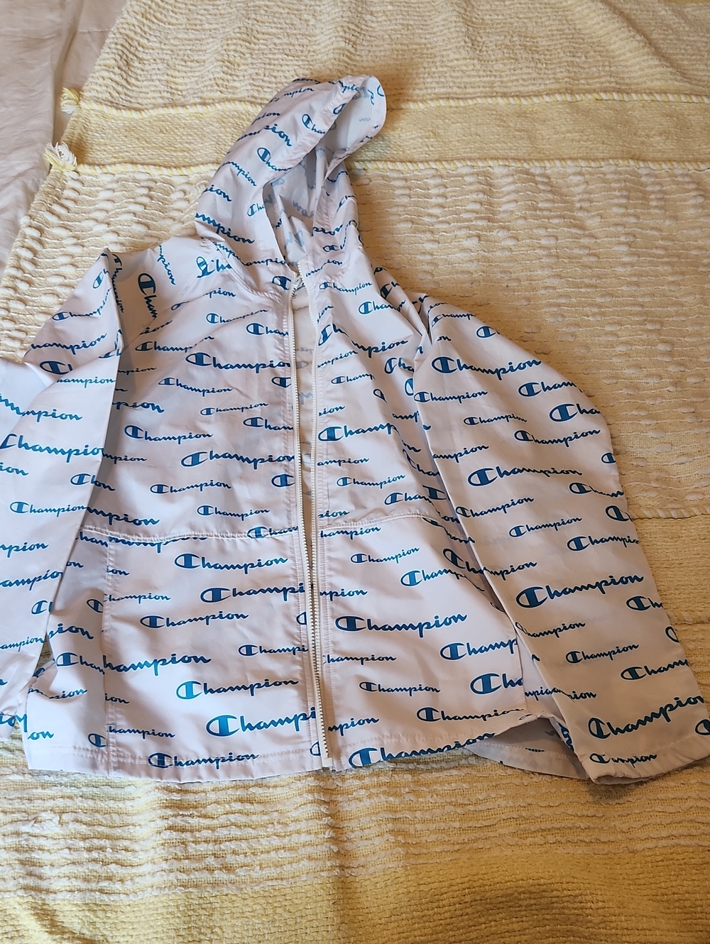 Champion White Hooded Logo Windbreaker with Blue Print